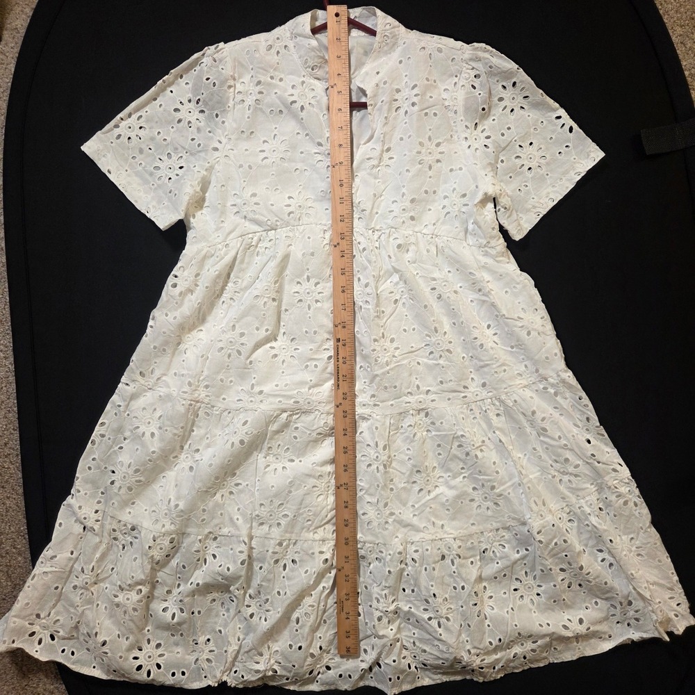 Unbranded White Eyelet Lace Tiered Babydoll Dress V-Neck Short Sleeve Boho Mini - Picture 3 of 8